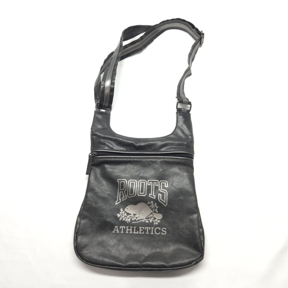 Roots Athletics Black Crossbody Messenger Bag Faux Leather PVC Beaver Logo Y2K